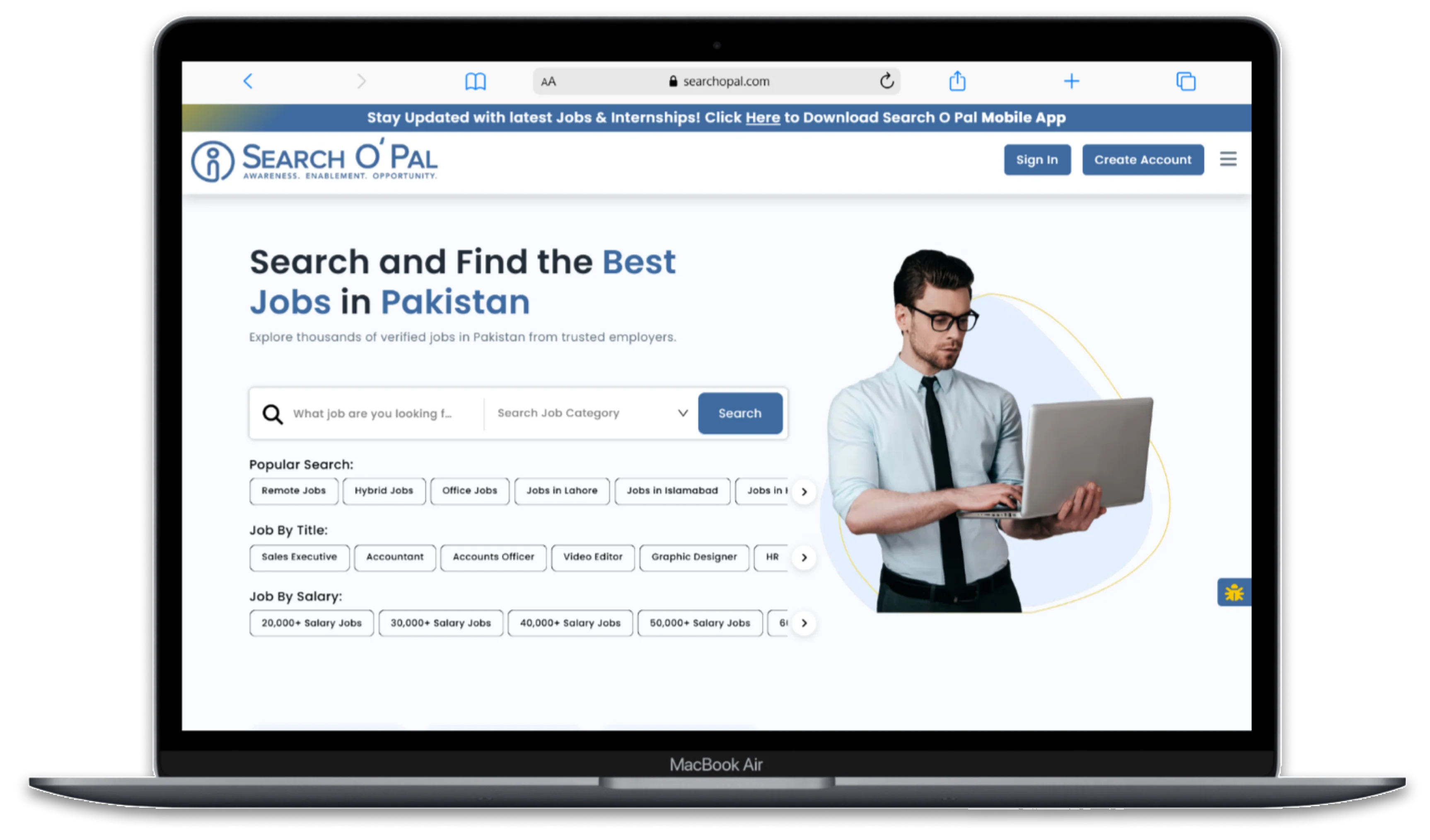 Search O Pal job portal shown on a MacBook screen